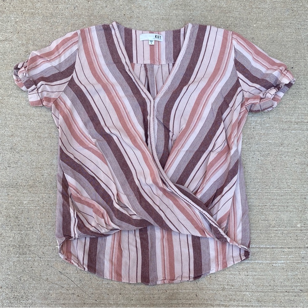 Kut From The Kloth Striped V-Neck Short Sleeve Top Pink and Brown Small